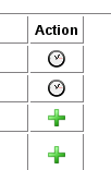 Action column showing clock icons and plus signs